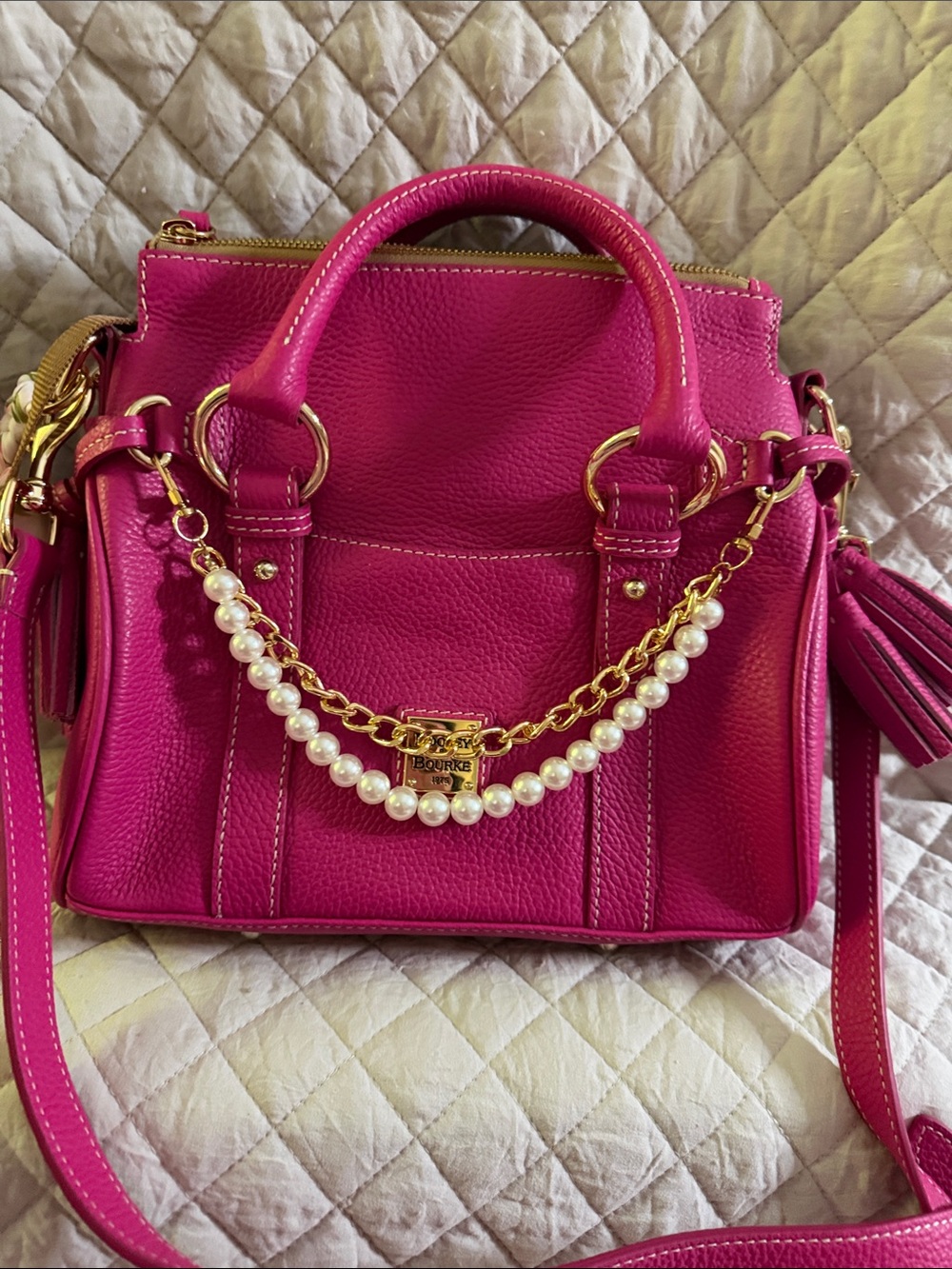 Dooney & Bourke Hot Pink Leather Satchel with Pearl-Chain Accent